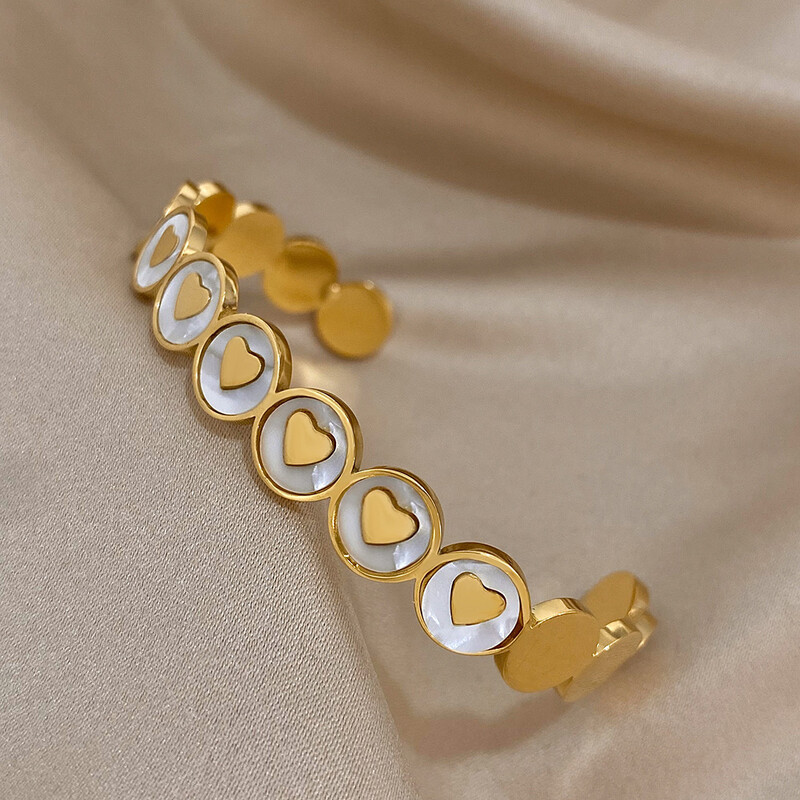 ALLYES Shell White Love Heart Brățară manșetă din oțel inoxidabil pentru femei Bijuterii placate cu aur impermeabile Cadouri de Ziua Mamei