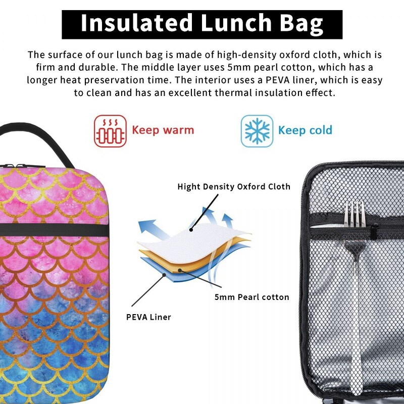 Roz, albastru, cântare de sirenă, saci de prânz termoizolate pentru femei, recipient portabil pentru prânz, pentru muncă, călătorie, cutie multifuncțională pentru alimente