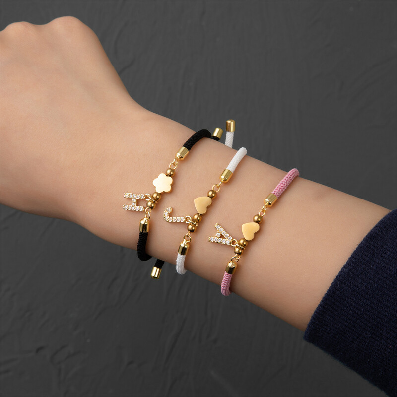 Звезда от неръждаема стомана, пет листа, цвете, сърце, мед, микроциркон, инкрустиран с 26 букви, талисмани, миланска гривна с нишка