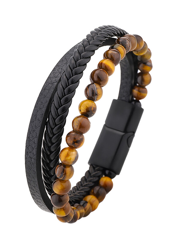 Piatră vulcanică în stil multiplu sau ochi de tigru plus brățară pentru bărbați cu trei straturi din piele PU pentru afaceri casual