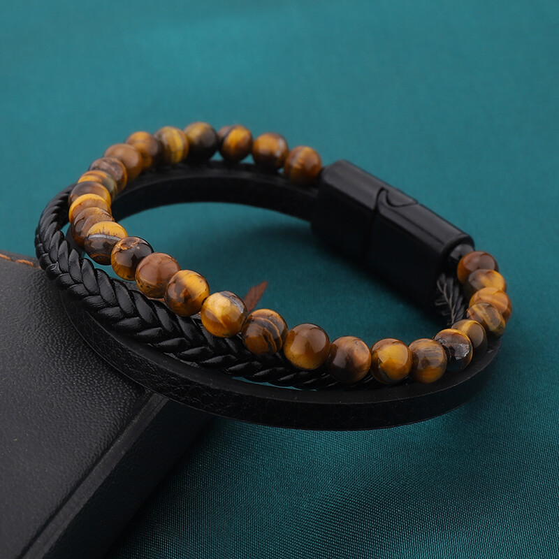 Piatră vulcanică în stil multiplu sau ochi de tigru plus brățară pentru bărbați cu trei straturi din piele PU pentru afaceri casual
