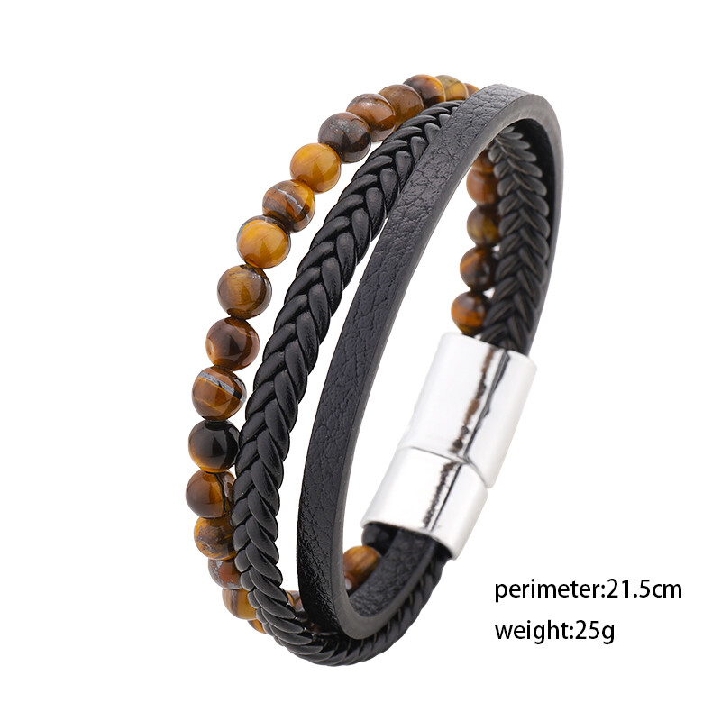 Piatră vulcanică în stil multiplu sau ochi de tigru plus brățară pentru bărbați cu trei straturi din piele PU pentru afaceri casual