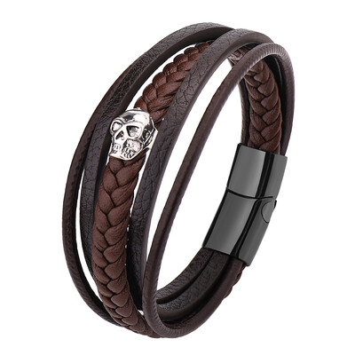 Veleprodajna višeslojna ručno tkana narukvica od kožnog užeta, pletena magnetska kopča, lubanja, muška narukvica s nakitom