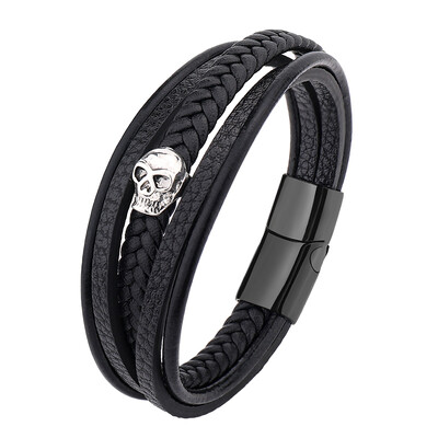 Veleprodajna višeslojna ručno tkana narukvica od kožnog užeta, pletena magnetska kopča, lubanja, muška narukvica s nakitom