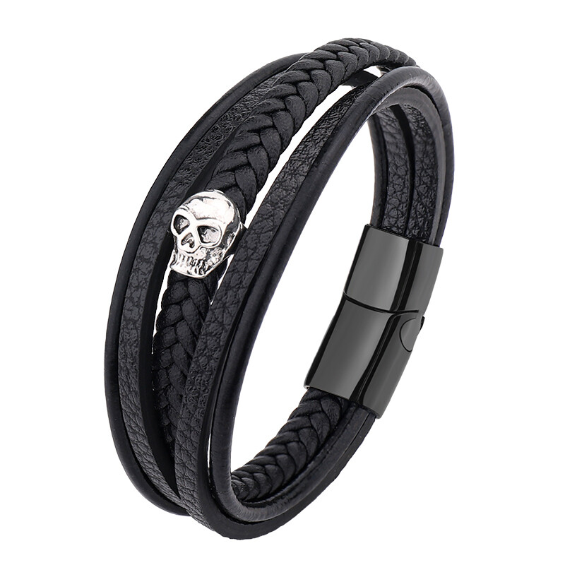 Veleprodajna višeslojna ručno tkana narukvica od kožnog užeta, pletena magnetska kopča, lubanja, muška narukvica s nakitom