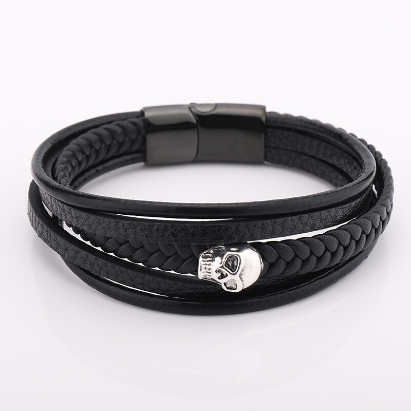 Veleprodajna višeslojna ručno tkana narukvica od kožnog užeta, pletena magnetska kopča, lubanja, muška narukvica s nakitom