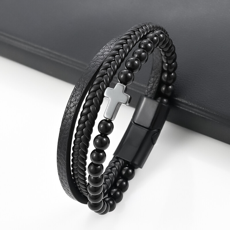 Kožna narukvica za muškarce Punk Hip Hop Metalni šarm Tigrovo oko Kamene perle Višeslojna narukvica za muškarce Modni nakit Poklon