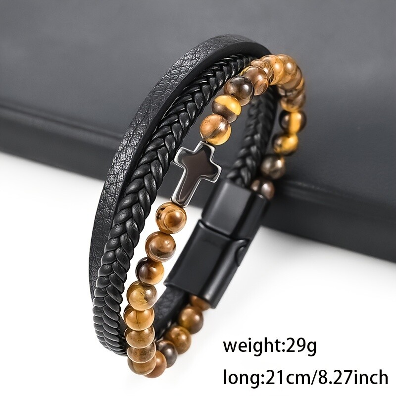 Kožna narukvica za muškarce Punk Hip Hop Metalni šarm Tigrovo oko Kamene perle Višeslojna narukvica za muškarce Modni nakit Poklon