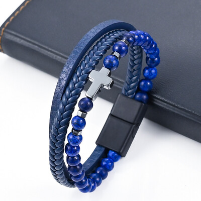 Vintage višeslojna kožna narukvica za muškarce punk križ šarm tigrovo oko kamene perle narukvica modni pleteni omot narukvice nakit