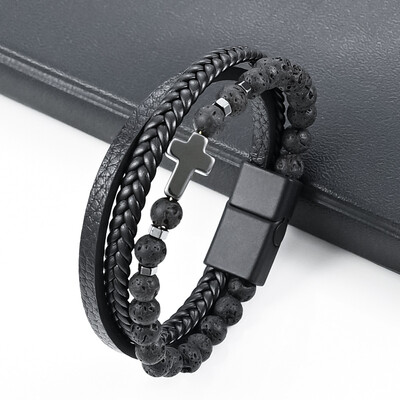 Vintage višeslojna kožna narukvica za muškarce punk križ šarm tigrovo oko kamene perle narukvica modni pleteni omot narukvice nakit