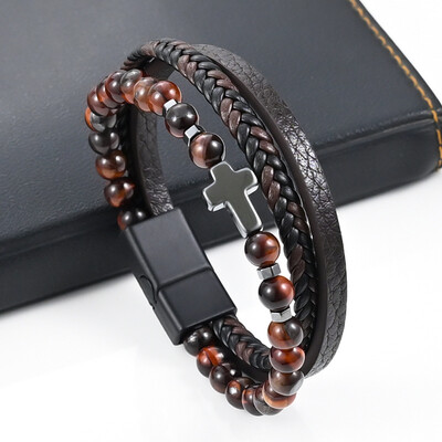 Vintage višeslojna kožna narukvica za muškarce punk križ šarm tigrovo oko kamene perle narukvica modni pleteni omot narukvice nakit
