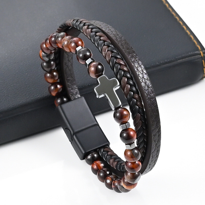 Vintage višeslojna kožna narukvica za muškarce punk križ šarm tigrovo oko kamene perle narukvica modni pleteni omot narukvice nakit