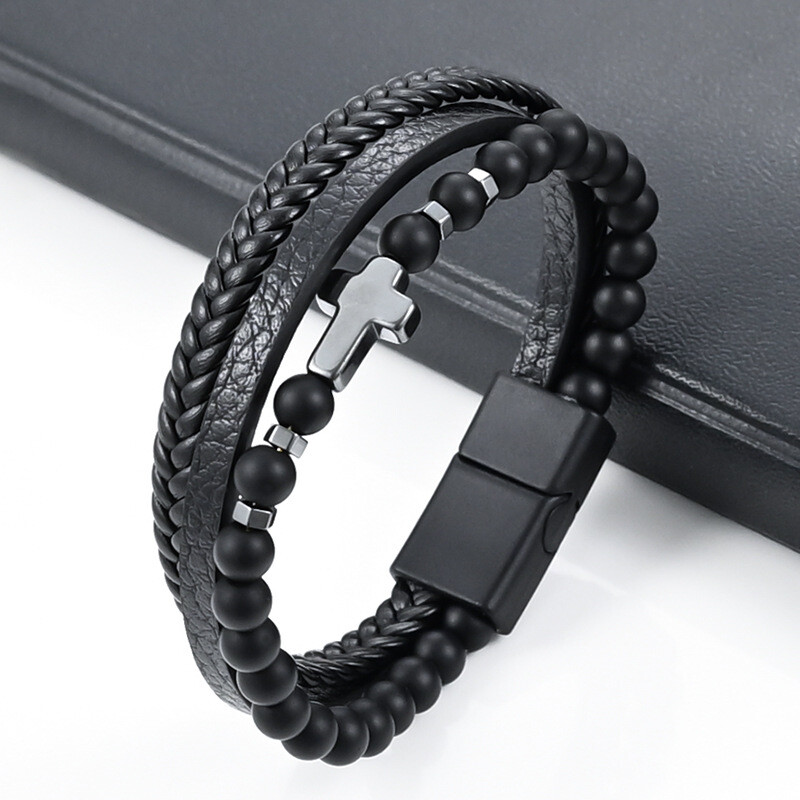 Vintage višeslojna kožna narukvica za muškarce punk križ šarm tigrovo oko kamene perle narukvica modni pleteni omot narukvice nakit