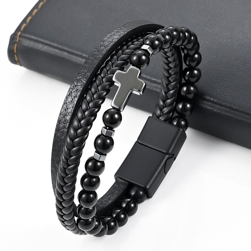 Vintage višeslojna kožna narukvica za muškarce punk križ šarm tigrovo oko kamene perle narukvica modni pleteni omot narukvice nakit