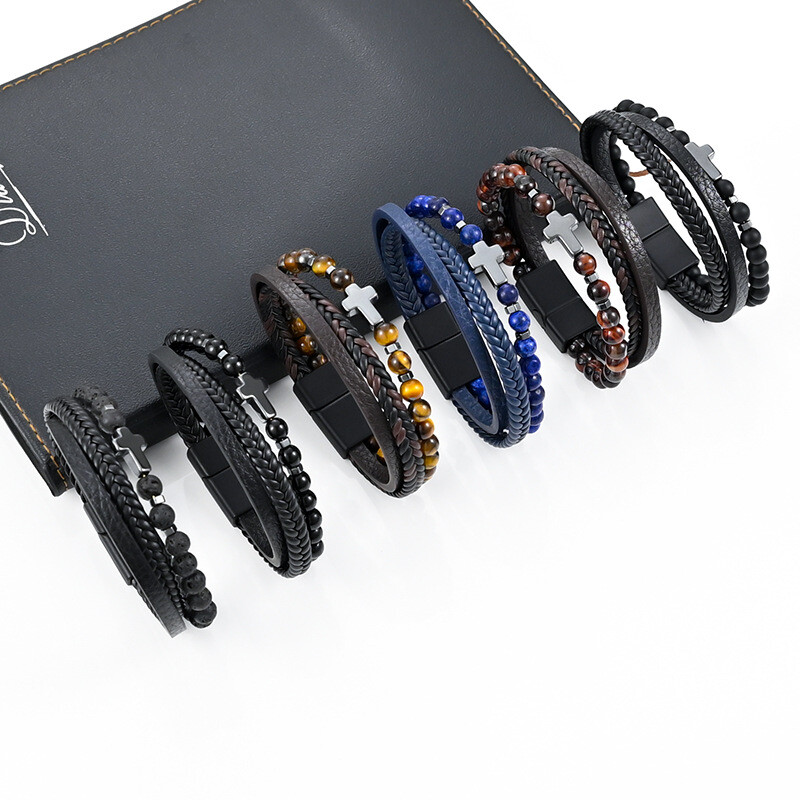 Vintage višeslojna kožna narukvica za muškarce punk križ šarm tigrovo oko kamene perle narukvica modni pleteni omot narukvice nakit