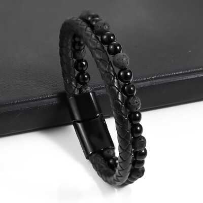 Вулкан Тигрово око Гривна с мъниста Въже от телешка кожа Гривна от естествен камък за мъже Гривна от ахат Бижута