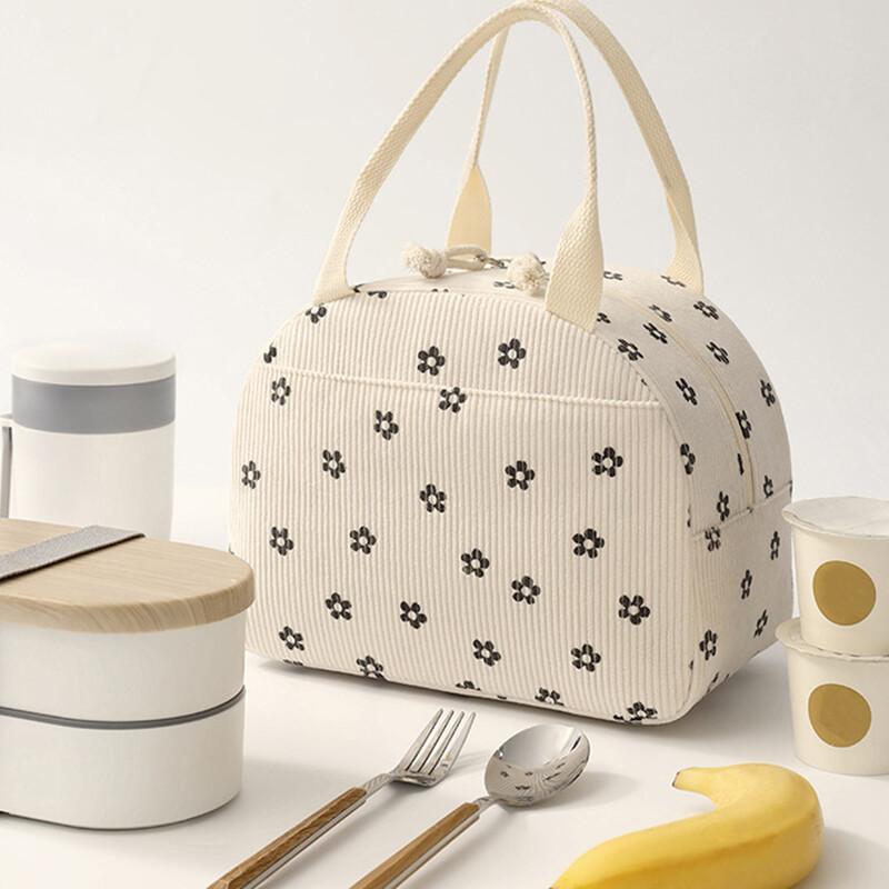 Преносими чанти за обяд от рипсено кадифе Термоизолационна кутия за обяд Сладък принт Дамска чанта за съхранение на обяд Дамска чанта за пикник Bento с голям капацитет