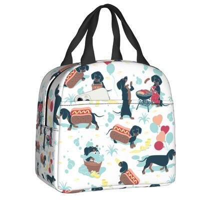 Geantă de prânz izolată cu model de câine de teckel de desene animate personalizate pentru femei, cutie de prânz termică, termoizolatoare, pentru plajă, camping, călătorie