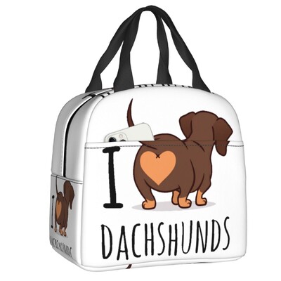 Geantă de prânz izolată cu model de câine de teckel de desene animate personalizate pentru femei, cutie de prânz termică, termoizolatoare, pentru plajă, camping, călătorie