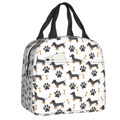 Geantă de prânz izolată cu model de câine de teckel de desene animate personalizate pentru femei, cutie de prânz termică, termoizolatoare, pentru plajă, camping, călătorie