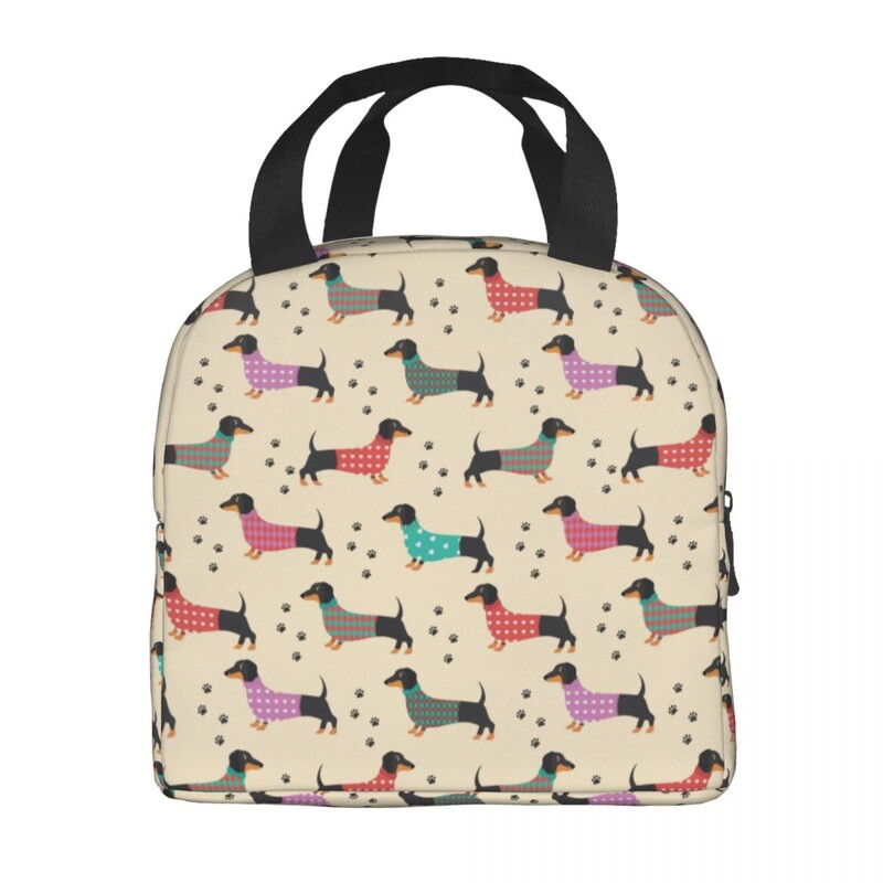 Geantă de prânz izolată cu model de câine de teckel de desene animate personalizate pentru femei, cutie de prânz termică, termoizolatoare, pentru plajă, camping, călătorie