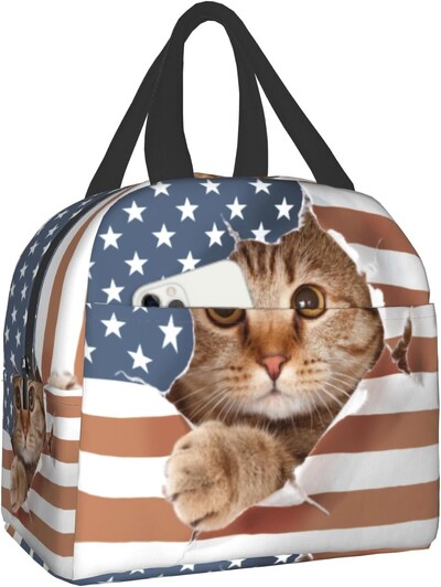 Сладки котки Изолирана чанта за обяд за жени Сладки котенца Кутия за обяд Бяло оранжево Сиво Котки Многократна хладилна чанта 8x5x8,5 инча