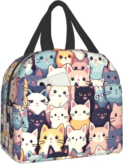 Сладки котки Изолирана чанта за обяд за жени Сладки котенца Кутия за обяд Бяло оранжево Сиво Котки Многократна хладилна чанта 8x5x8,5 инча