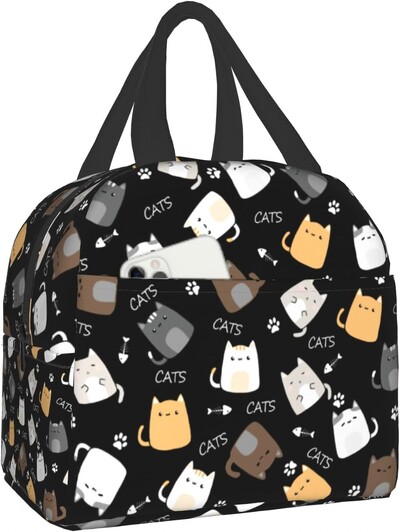 Сладки котки Изолирана чанта за обяд за жени Сладки котенца Кутия за обяд Бяло оранжево Сиво Котки Многократна хладилна чанта 8x5x8,5 инча
