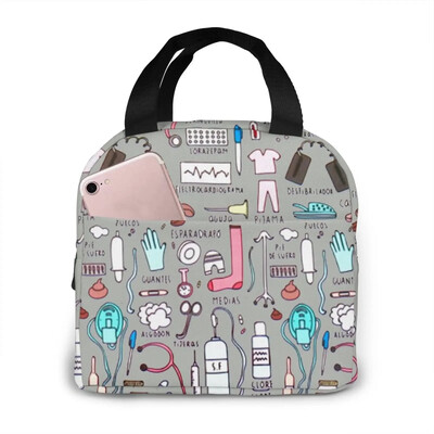 Saci de prânz izolați cu imprimeu Kawaii Doctors Nurse pentru femei, cutie de prânz portabilă mică, Tote, pungi termice pentru alimente, pungă Bento.