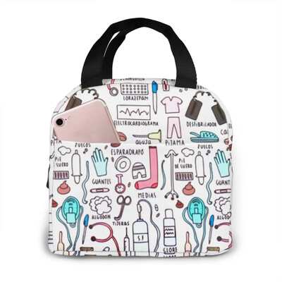 Saci de prânz izolați cu imprimeu Kawaii Doctors Nurse pentru femei, cutie de prânz portabilă mică, Tote, pungi termice pentru alimente, pungă Bento.