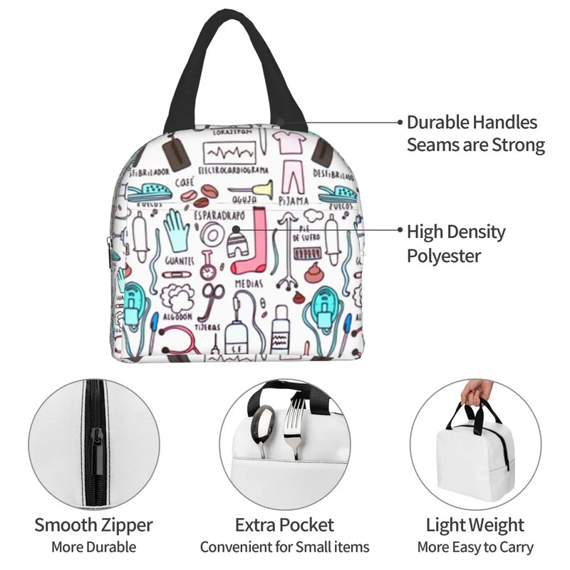 Saci de prânz izolați cu imprimeu Kawaii Doctors Nurse pentru femei, cutie de prânz portabilă mică, Tote, pungi termice pentru alimente, pungă Bento.