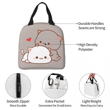 Kawaii Peach And Goma Cartoon Insolated Lunch Bag Cooler Bag Δοχείο γεύματος Mocha Mochi Peach Cat Portable Tote Lunch Box