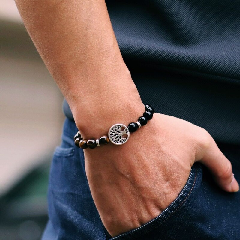 Jauna modes dzīves koka rokassprādze vīriešiem divkrāsu dabiskā tīģera acīm Obsidiāna akmens rokassprādze Lucky Red Howlite Charm rokassprādze Pulsera