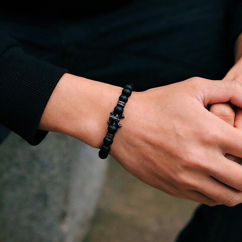 Noter Hiphop muška narukvica s perlama 8 mm oniks kamen narukvica vuk lav životinja narukvica punk nakit gusarska lubanja brazalete cirkonij