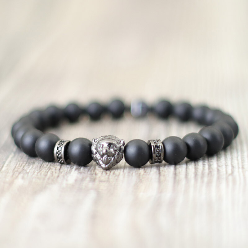 Noter Hiphop muška narukvica s perlama 8 mm oniks kamen narukvica vuk lav životinja narukvica punk nakit gusarska lubanja brazalete cirkonij