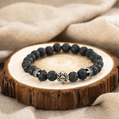 Brățară pentru bărbați de epocă, piatră naturală, coroană gotică, brățară cu șuvițe de leu, brățară cu mărgele din stâncă vulcanică, cadouri pentru el.