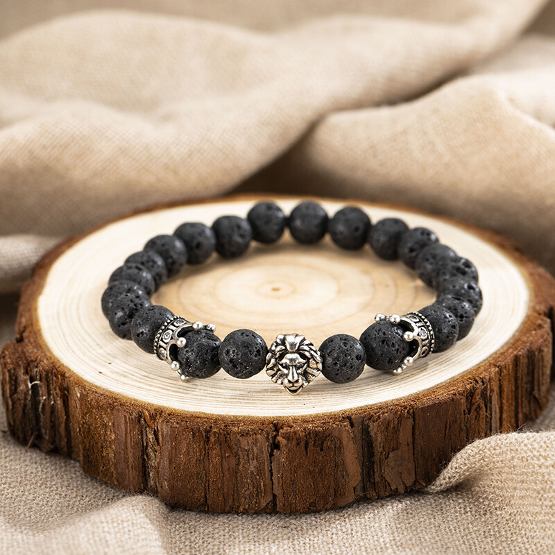 Brățară pentru bărbați de epocă, piatră naturală, coroană gotică, brățară cu șuvițe de leu, brățară cu mărgele din stâncă vulcanică, cadouri pentru el.