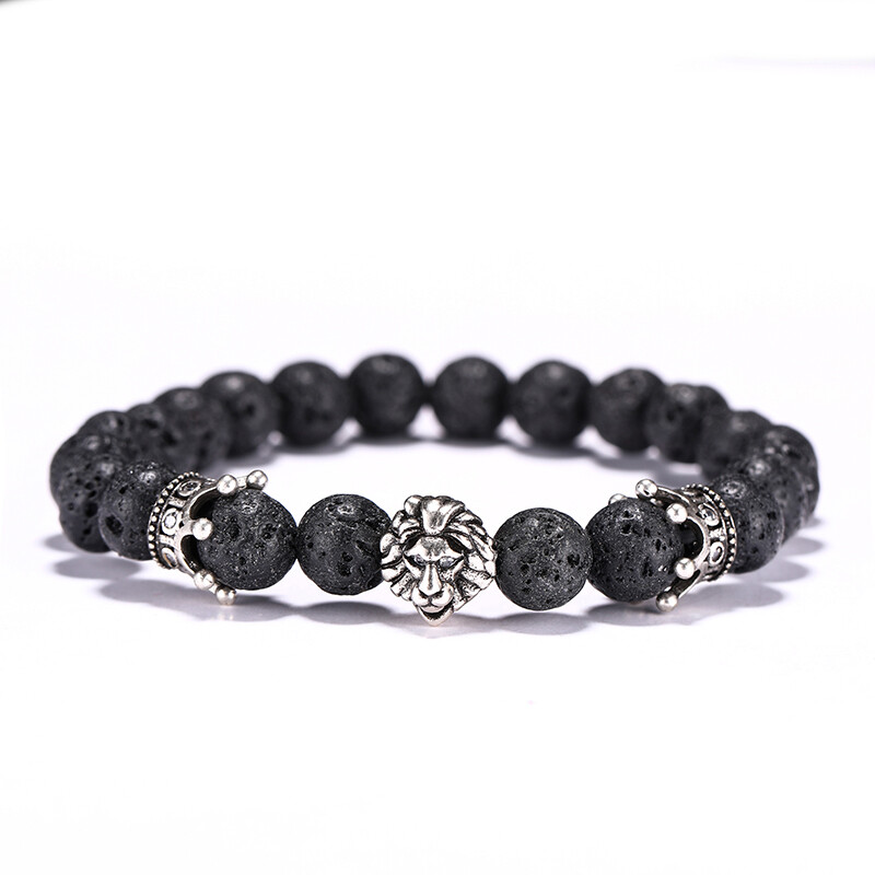 Brățară pentru bărbați de epocă, piatră naturală, coroană gotică, brățară cu șuvițe de leu, brățară cu mărgele din stâncă vulcanică, cadouri pentru el.