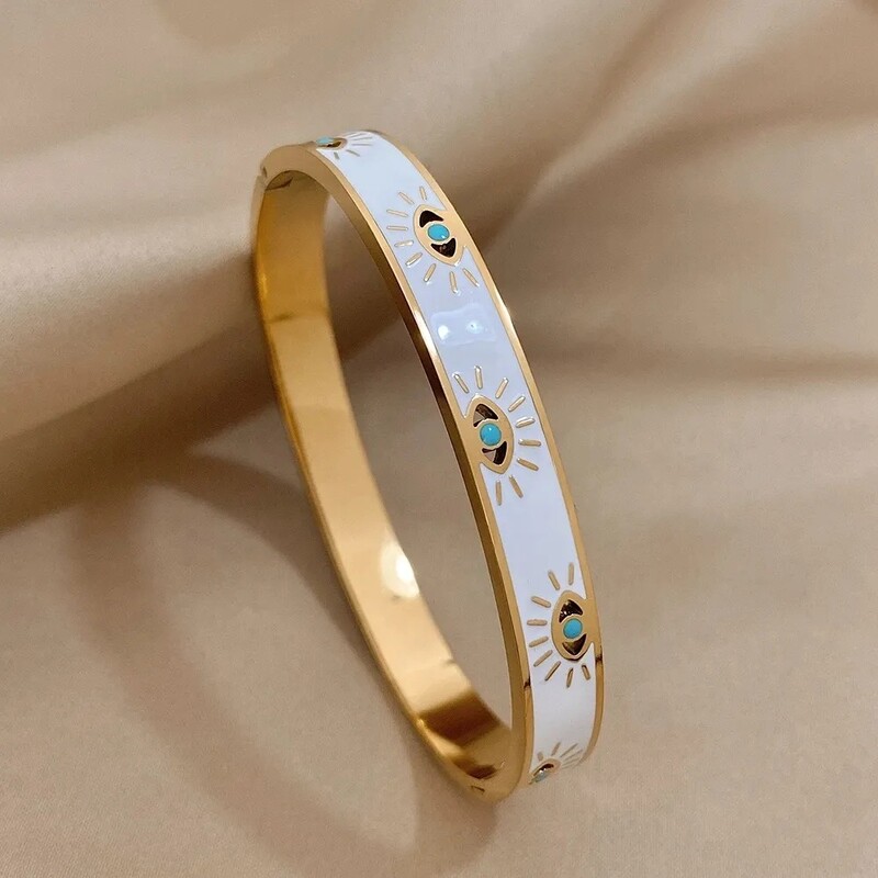 ALLYES Brățară la modă din oțel inoxidabil 316L, cu ochi de diavol, pentru femei, farmec alb, smalț al încheieturii mâinii, brățări rezistente la apă, brățări, bijuterii