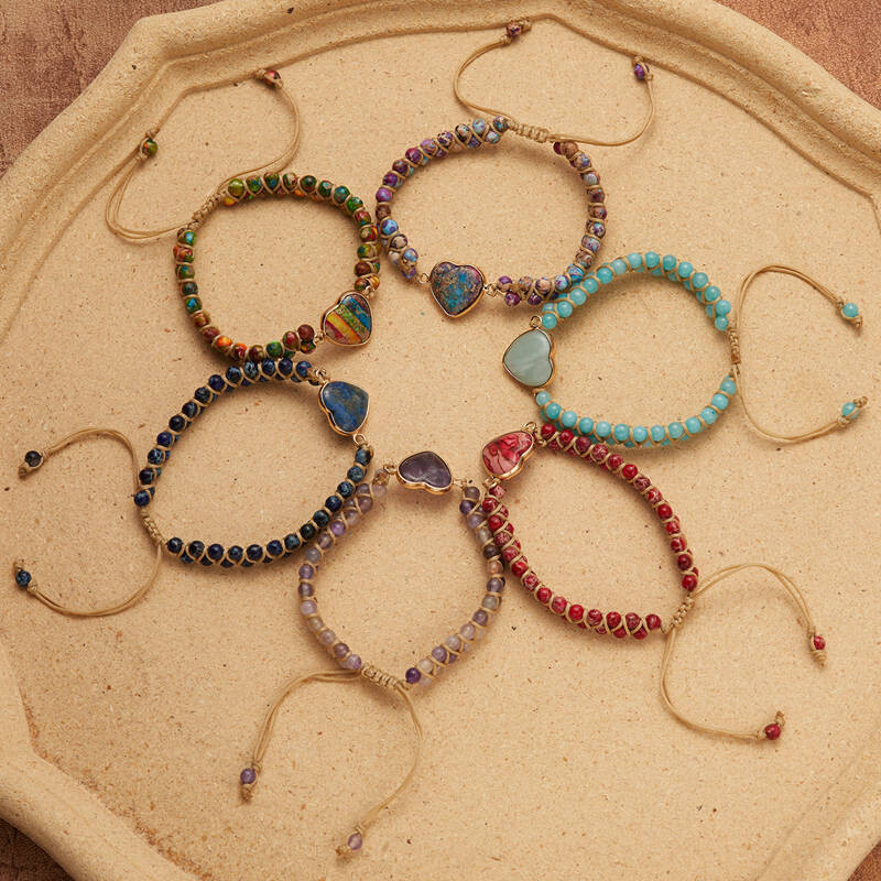 Brățară de inimă cu margele de piatră naturală multicoloră Boho pentru femei, bărbați, bijuterii yoga, brățară, farmec, frânghie țesută, brățară, cadou