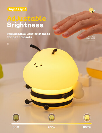 LED φως νύχτας Cute Bee Cartoon Animals Λάμπα σιλικόνης για παιδιά Παιδικό αισθητήρα αφής Χρονισμός επαναφορτιζόμενο USB για δώρα γενεθλίων