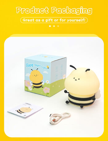 LED φως νύχτας Cute Bee Cartoon Animals Λάμπα σιλικόνης για παιδιά Παιδικό αισθητήρα αφής Χρονισμός επαναφορτιζόμενο USB για δώρα γενεθλίων