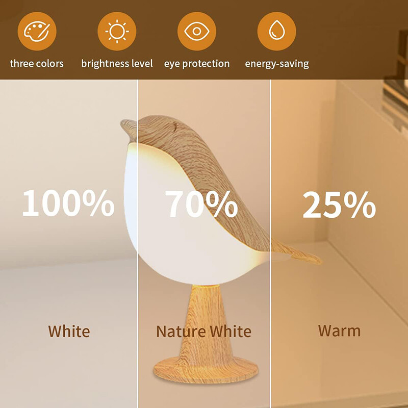 3 värvi puidust linnu öövalgustid LED-puutetundlik lüliti, laetav magamistoa sisevalgustuse jaoks Laualamp Voodivalgustite kaunistamiseks