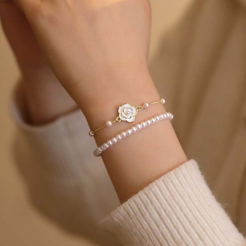 Brățări vintage cu flori de camelie albă pentru femei, elegante, strat dublu, mărgele de perle simulate, brățară cu lanț, bijuterii, tendință 2024