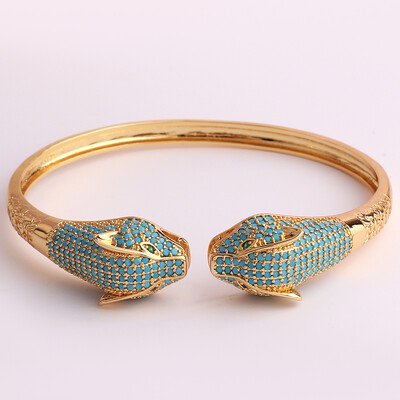 Novopristigla dvostruka leopardova glava Statement narukvica za žene Grils bakrena metalna pozlaćena tirkizna životinjska narukvica