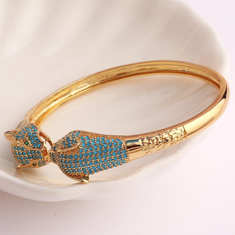 Novopristigla dvostruka leopardova glava Statement narukvica za žene Grils bakrena metalna pozlaćena tirkizna životinjska narukvica