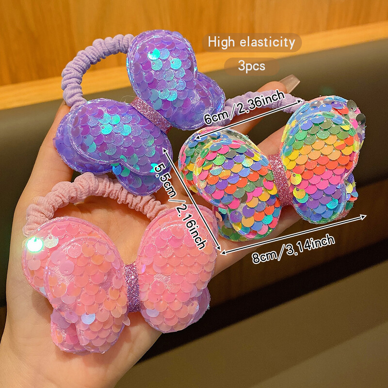 3 inele de păr cu fundă strălucitoare colorate cu benzi de piele dulci și la modă potrivite pentru utilizarea zilnică ca accesorii de păr