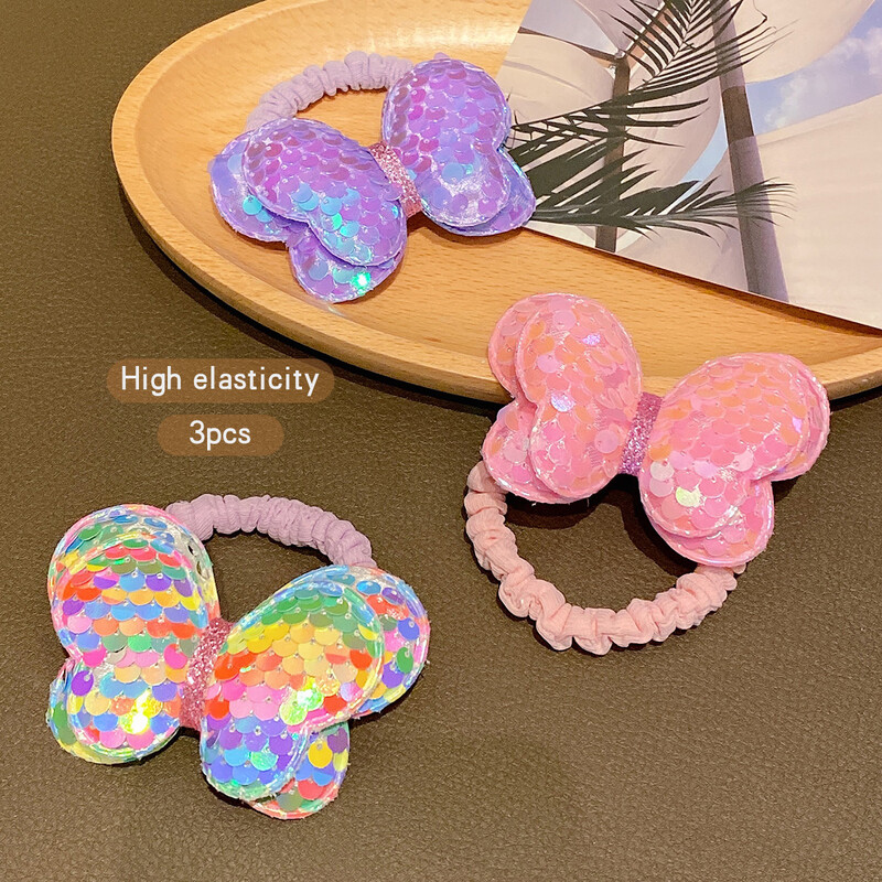 3 inele de păr cu fundă strălucitoare colorate cu benzi de piele dulci și la modă potrivite pentru utilizarea zilnică ca accesorii de păr