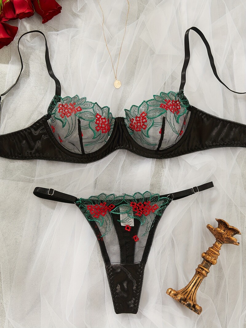 Ellolace Fancy Lingerie Set de sutien din dantelă florală Bilizna Lenjerie de corp de lux arătătoare Seturi exotice din dantelă fină, sexy, erotică, zână