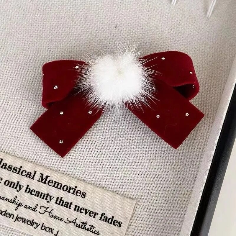 Agrafe de păr cu fundă de catifea roșie pentru prințesă fetiță pompon drăguț pentru copii, toamnă iarnă, agrafe de păr, agrafe dulci coreene, accesorii pentru cap de Anul Nou